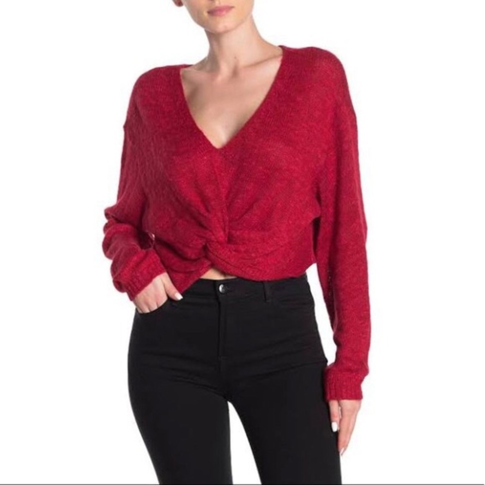 BCBG Red Twist Front Cropped Sweater